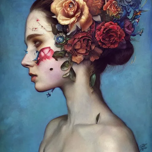 Image similar to flower queen, by annie swynnerton and tino rodriguez and tom bagshaw, dramatic lighting, floral tattoos, rich colors, smooth sharp focus, extremely detailed, adolf wolfli