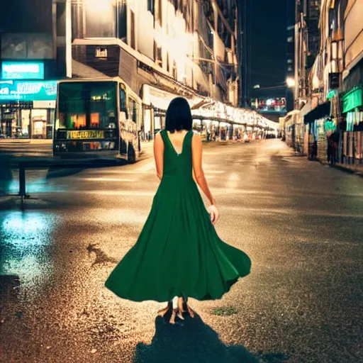 Prompt: a beautiful woman in a green dress standing on a bustling cyberpunk city street at night