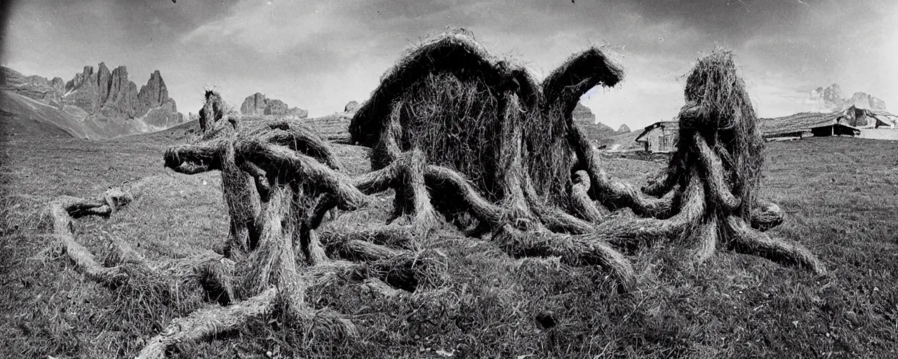 Image similar to 1940s photography of eerie landscape in the dolomites, farmer transformed into root and hay monster