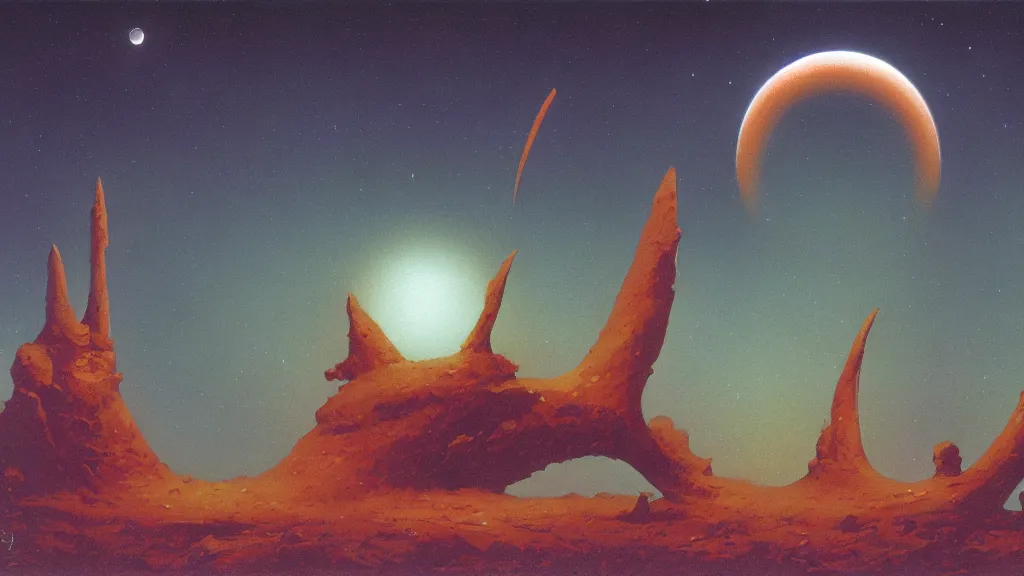 Image similar to mysterious whimsical sculpture of an alien crescent moon by paul lehr and john schoenherr, cinematic matte painting