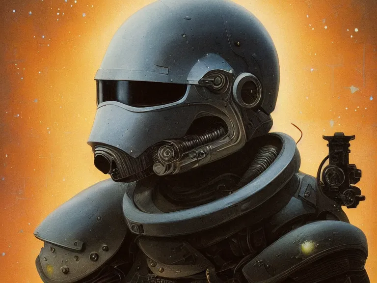 Image similar to a detailed profile painting of a bounty hunter in armour and visor, cinematic sci-fi poster. Flight suit, anatomy portrait symmetrical and science fiction theme with lightning, aurora lighting clouds and stars. Clean and minimal design by beksinski carl spitzweg and tuomas korpi. baroque elements. baroque element. intricate artwork by caravaggio. Oil painting. Trending on artstation. 8k