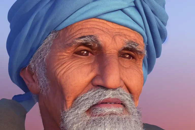 Prompt: hyperrealistic close up portrait of an old arabic man, wearing a turban, lit by dawn light, desert city on background, trending on artstation