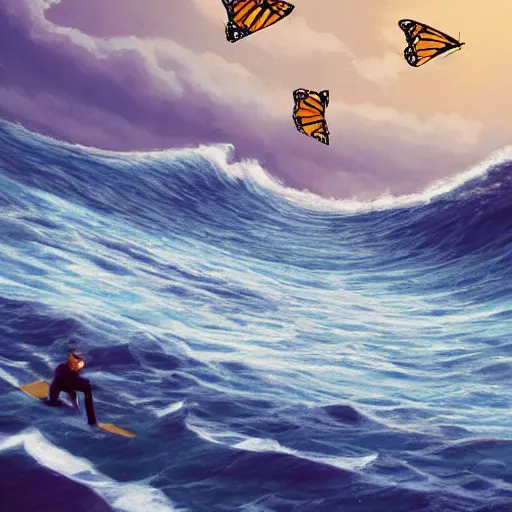 Prompt: monarch butterflies in the form of an ocean wave, with surfers, artstation