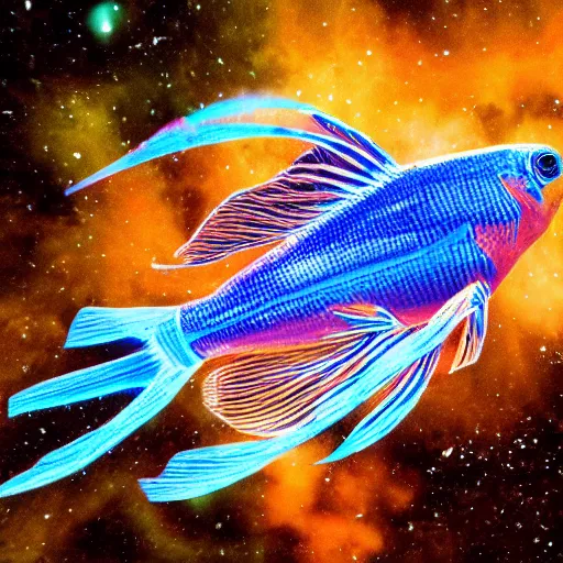 Prompt: high resolution photo of an intricately detailed tropical fish in the shape of battlestar galactica swimming in space
