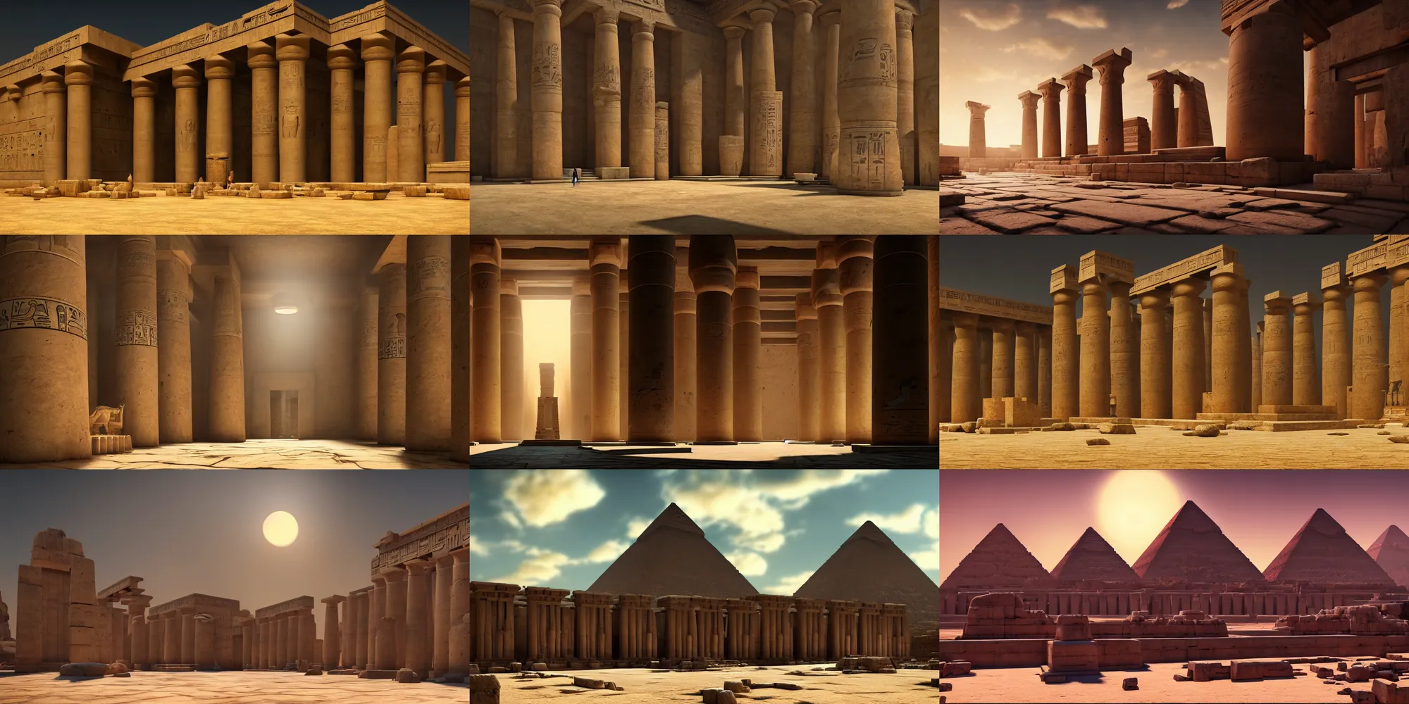 Prompt: beautiful ancient egyptian temple, interior, photorealistic, dark atmospheric lighting, ultrawide establishing shot, octane render, rtx, hdr, unreal engine, widescreen 8 k, studio ghibli, pixar, disney, prince of egypt