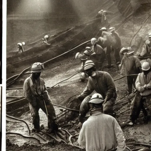 Prompt: an image of a group of men mining in a coal mine, in a medium full shot, russian and japanese mix, high - key lighting, warm lighting, overcast flat midday sunlight, a vintage historical fantasy 1 9 8 2 photo from life magazine.