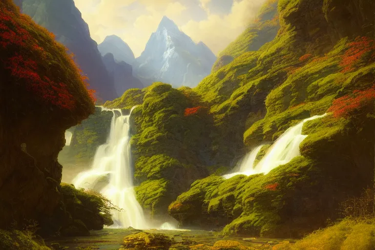 Image similar to a beautiful painting of a serene mountain landscape with a stream of magical blue wind coming from a rift, by andreas rocha john howe, and martin johnson heade, featured on artstation, featured on behance, ultrawide angle, f 1 6, golden ratio, well composed, cohesive