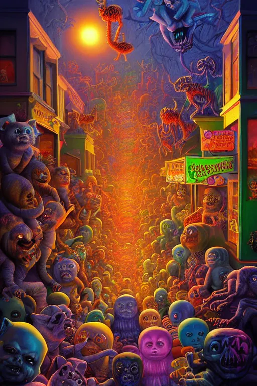 Prompt: a photorealistic painting of an isometric nightmare at the toy store horror by johfra bosschart, lisa frank, dark fantasy art, high detail, trending on artstation
