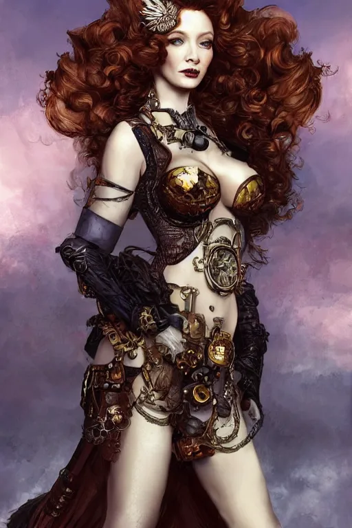 Image similar to three-quarters pose portrait of Christina Hendricks as a sensual Lady Mechanika, very beautiful young woman, ginger wavy hair, Victorian-era push-up underwire. Intricate, steampunk imagery themed, D&D!, fantasy style, sharp focus!, ultra detailed, art by Artgerm and Peter Andrew Jones, WLUP