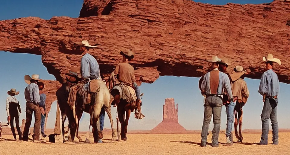 Image similar to film still showing cowboys looking at a gigantic abstract sculpture in the desert directed by Sergio Leone, western, monument valley, cinemascope, technicolor