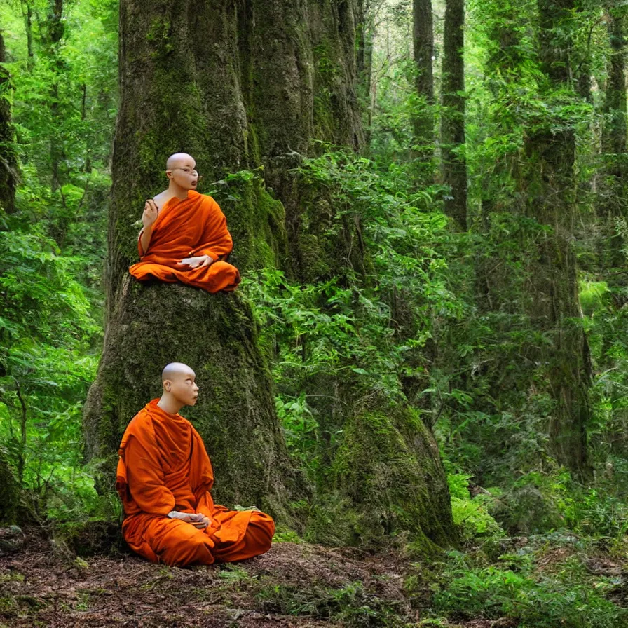 Prompt: a technobudist monk with a high-tech headset meditating in a forest