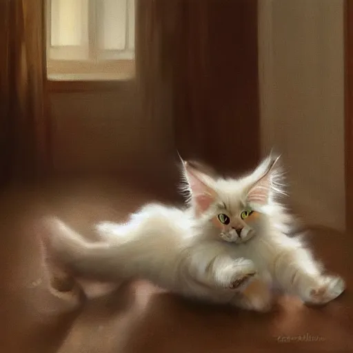 Image similar to cream color maine coon cat chasing a cat-toy-ball in a sunlit bedroom, in style of Ruan Jia, fantasy, trending on art station