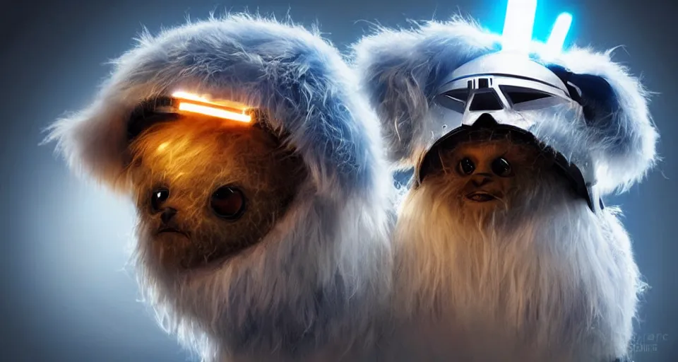 Prompt: adorable fuzzy creature with futuristic armor electronic visor, star wars, scifi, soft lighting, highly detailed,