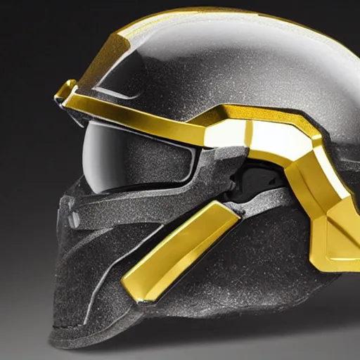 Image similar to Halo spartan helmet, golden visor, reflective