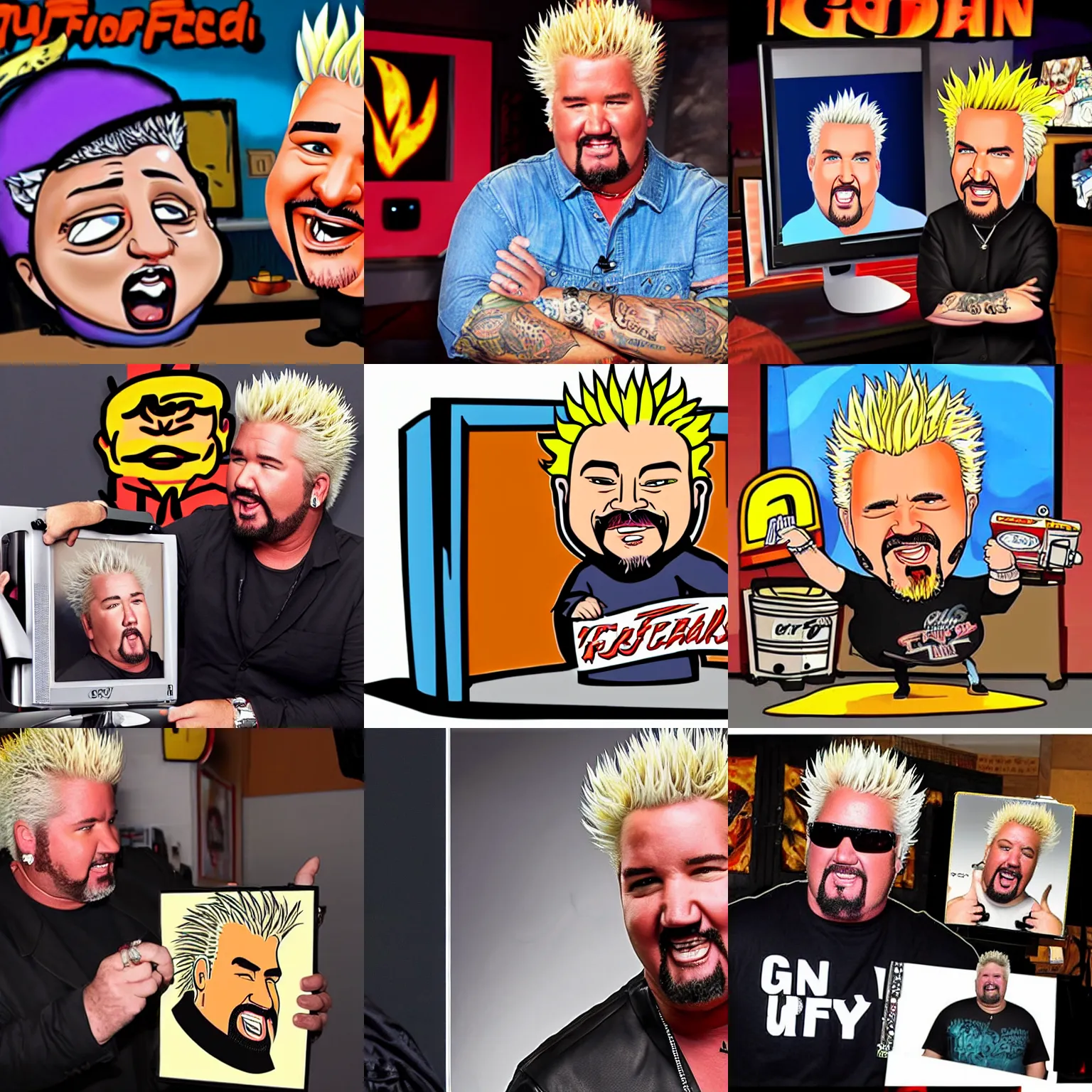 Prompt: Guy Fieri begins selling NFTs and is shocked by the feedback on his monitor, caricature, highly stylized, big head