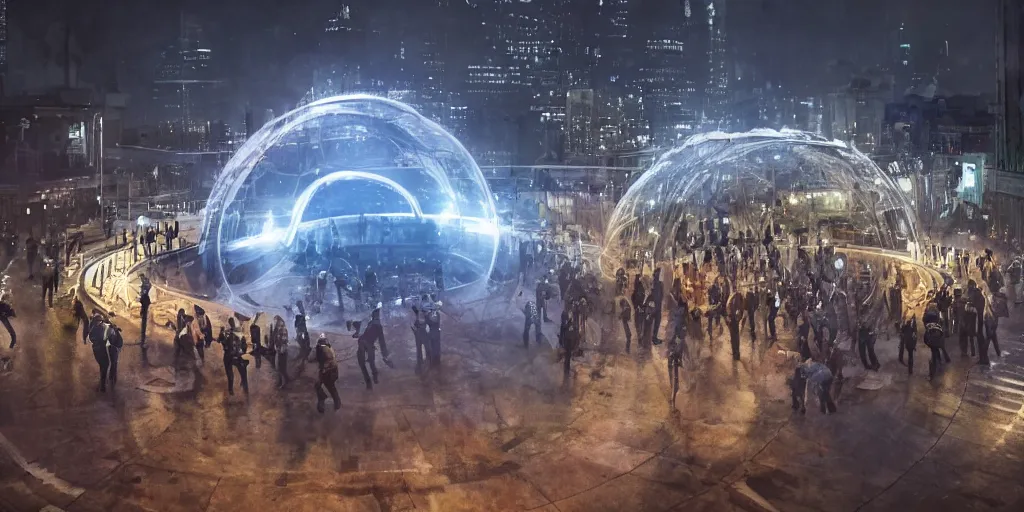 Prompt: policemen protect a huge spiral - shaped luminous object right in the center of the city from protesting people, night, rain and light fog, professional lighting, concept art in 3 d, high detail, professional lighting