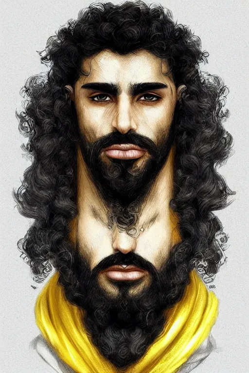Image similar to Arab man light beard, curly hair, swordsman, modern, hero, leather , yellow and charcoal, character concept art, costume design, trending on artstation, Artgerm , WLOP