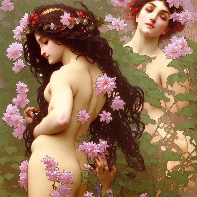 Image similar to a wonderful goddess with a body of beautiful flowers, intricate, elegant, highly detailed, wonderful eyes, cute, digital painting, artstation, concept art, smooth, clear focus, illustration, art by artgerm and greg rutkowski, alphonse mucha and william - adolphe bouguereau