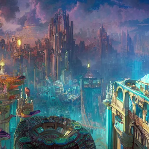 Prompt: a beautiful stunning fantasy matte digital painting of the cityscape of the underwater city of Atlantis, art nouveau architecture, vibrant color palette, establishing shot, cinematic, amazing depth, 8k resolution, by Alphonse Mucha and Tyler Edlin, trending on artstation hq, unreal engine 5