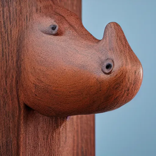 Image similar to a zoomed out studio product shot of a minimalist carved hippopotamus, made from cherry wood and blue resin, in profile, like a catalog photograph, mostly wood, with a smooth featureless minimalist look