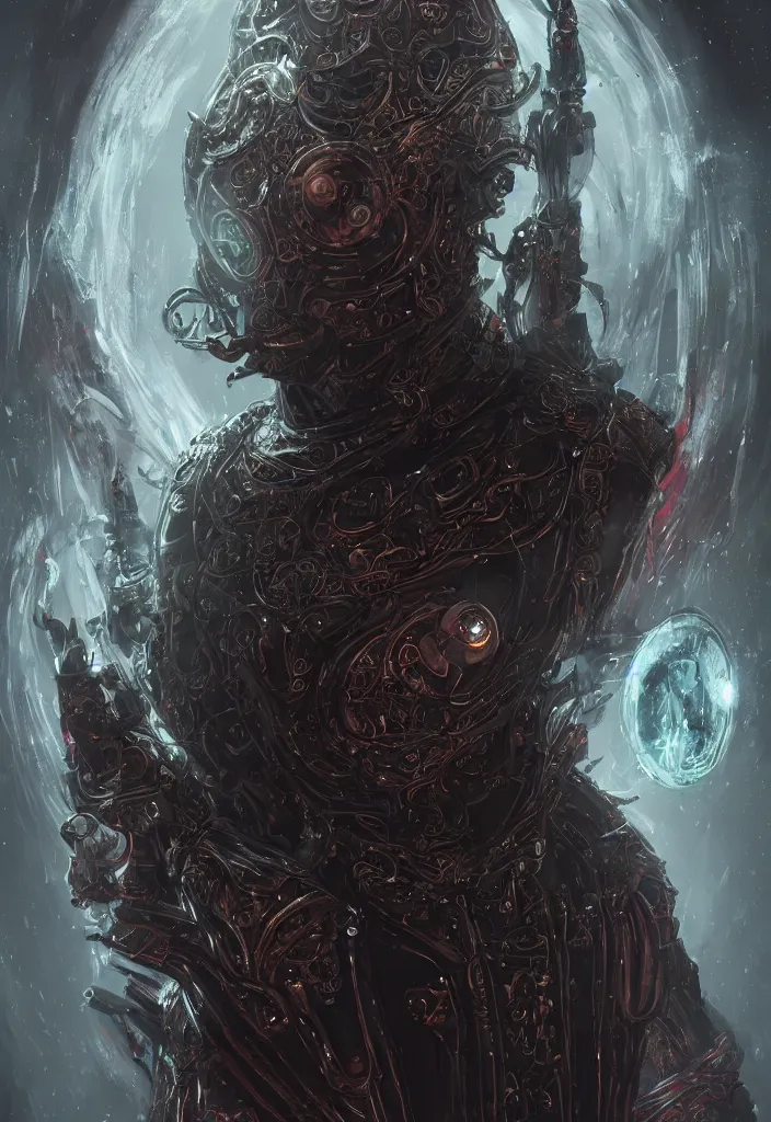 Image similar to a fancy portrait of a benevolent android necromancer, aura of light, friendly, bloodborne style, artificial intelligence, scifi, futuristic, highly detailed, trending on artstation, advanced technology, art by vitaly bulgarov and nivanh chanthara and lance wilkinson