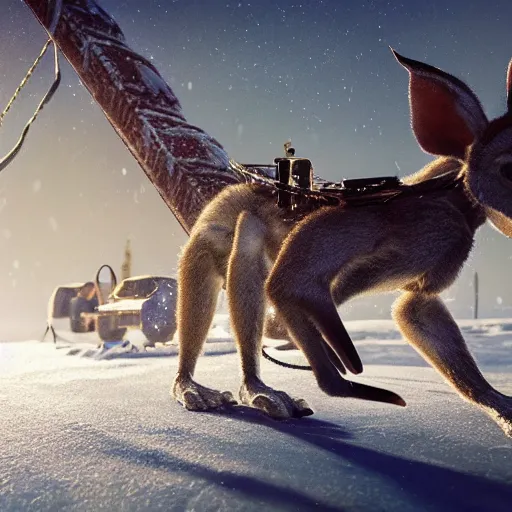 Image similar to ! dream kangaroos pulling a sled at north pole, trending on artstation, dramatic lighting, octane render, weta digital, micro details, 3 d sculpture, structure, ray trace, insane details, intricate, elite, ornate, elegant