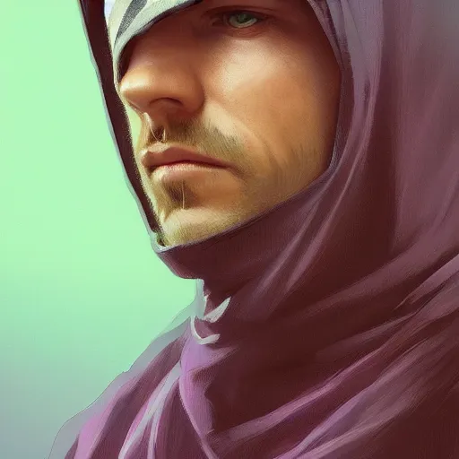 Image similar to ultra realistic illustration, man in a black hood, in a striped purple balaclava, mysterious, highly detailed, digital painting, artstation, concept art, smooth, sharp focus, illustration, art by artgerm and greg rutkowski and alphonse mucha