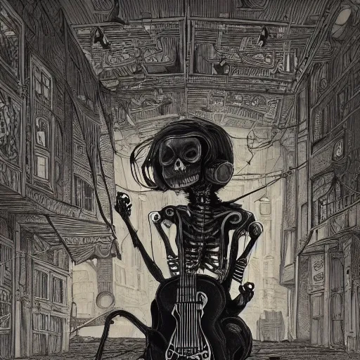 Image similar to skeleton wearing headphones, watching girl playing guitar while her black cat standing next to her, detailed intricate ink illustration, dark atmosphere, detailed illustration, hd, 4k, digital art, overdetailed art, by greg rutkowski, by loish, complementing colors, Trending on artstation