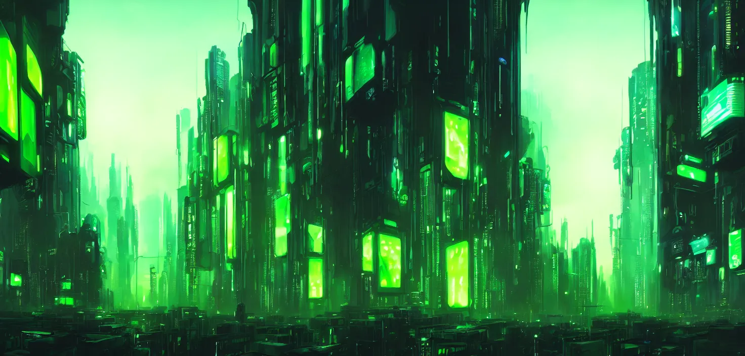 Prompt: a wall of monitors glowing green, cyberpunk, cinematic view, detailed, concept art, low angle, high detail, warm lighting, volumetric, godrays, vivid, beautiful, trending on artstation, by jordan grimmer, huge scene, grass, art greg rutkowski