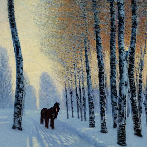 Prompt: A cute clydesdale centauress is enjoying a stroll in the crisp winter air among the birch trees in winter. trending on Pixiv. trending on ArtStation. A vibrant digital oil painting. A highly detailed fantasy character illustration by Wayne Reynolds and Charles Monet and Gustave Dore and Carl Critchlow and Bram Sels