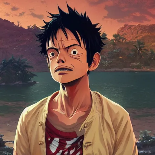 Image similar to highly detailed portrait luffy in gta v, stephen bliss, unreal engine, fantasy art by greg rutkowski, loish, rhads, ferdinand knab, makoto shinkai and lois van baarle, ilya kuvshinov, rossdraws, tom bagshaw, global illumination, radiant light, detailed and intricate environment