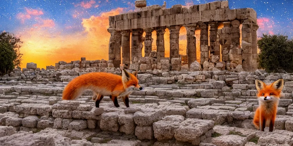 Image similar to A beautiful small fox in the huge ruins of the second temple in Jerusalem :: Dreamy sky :: The third temple hovers quietly in the sky above :: Very colorful painting 8k trending on art station :: Intricate details, very realistic, cinematic lighting, volumetric lighting, photographic blur bokeh defocus dof sky.