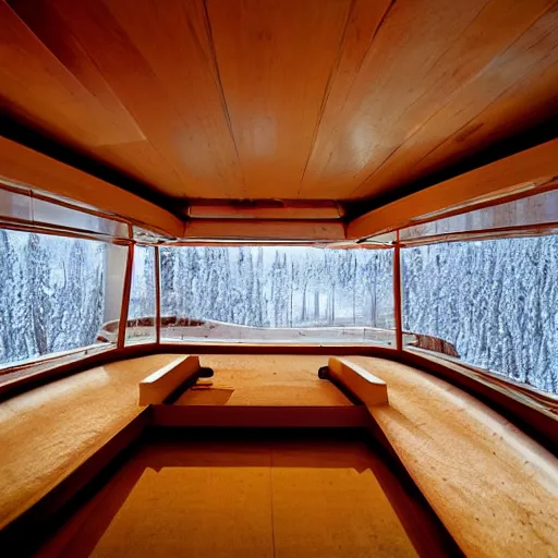 Image similar to the interior of a 1 9 7 0 s space ship carved out of wood, designed by eero saarinen, trees and snow visible through the windows