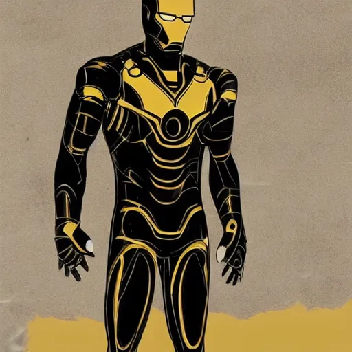 Image similar to cat in black and gold iron man suit