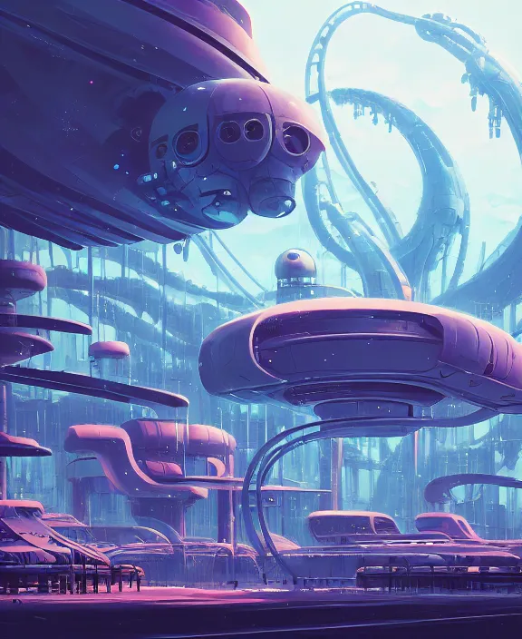 Image similar to simplicity, an amusement park made out of simple weird organic creatures, in the style of a streamlined asymmetrical spaceship, bleak apocalyptic environment, by dan mumford, yusuke murata, makoto shinkai, ross tran, cinematic, unreal engine, cel shaded, featured on artstation, pixiv