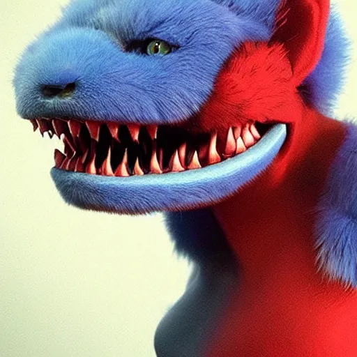 Image similar to a blue furry creature with [ bulging eyes ]!!!, [ large red lips ]!!!, sharp teeth, 4 k photorealistic quality, trending on cgsociety, horror art, eerie art style