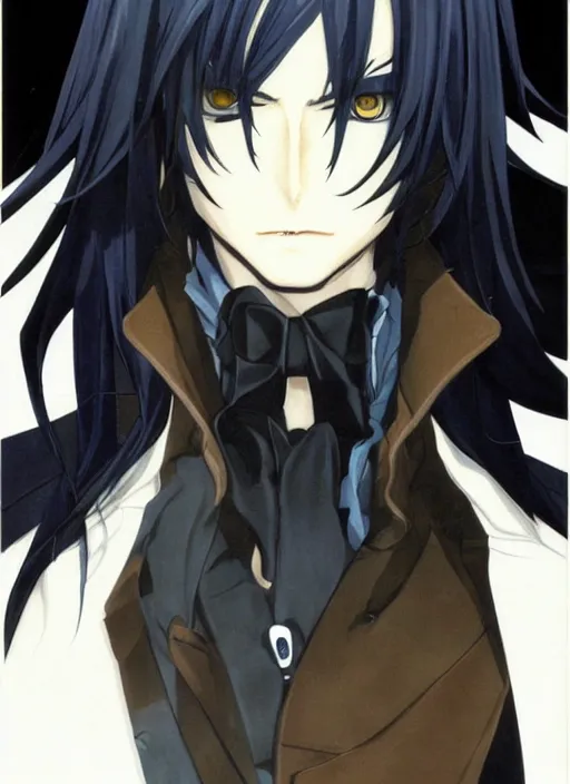 Image similar to portrait illustration by shigenori soejima, handsome male vampire, focus on face, pretty, long black hair, dark blue shirt, light brown coat