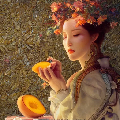 Prompt: perfume bottle surrounded by fresh, sliced peaches, path traced, environment, highly detailed, concept art, realistic, octane render, up close shot shinji aramaki, karol bak, alphonse mucha