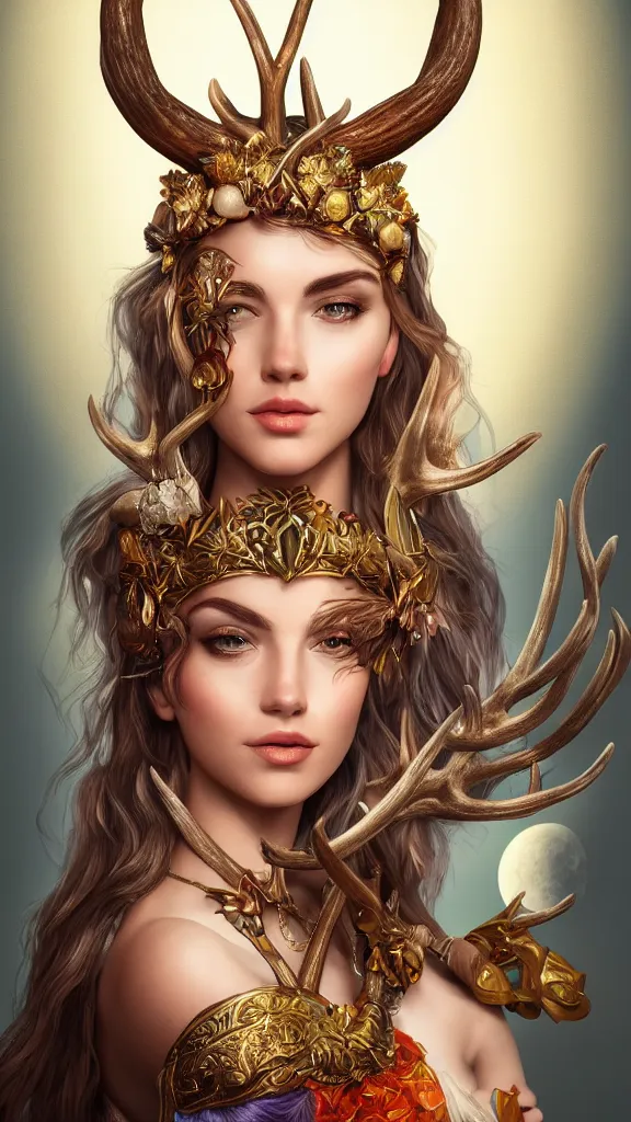 Image similar to portrait of Artemis, goddess of the hunt and the moon, wearing an antler crown, studio lightning, bright colors, intricate, masterpiece, photorealistic, hiperrealistic, sharp focus, high contrast, Artstation HQ, DeviantArt trending, 4k UHD, Unreal Engine 5