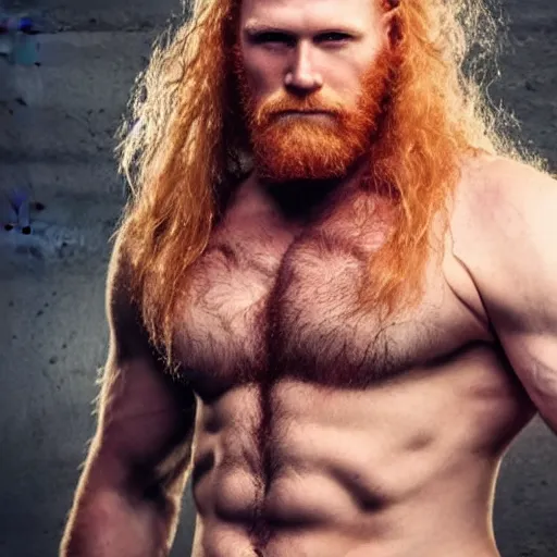Prompt: middle aged balding ginger viking with wavy hair, wearing leather armor, very muscular, very pale skin, very hairy, shirtless, very tall, strong, powerful, majestic, imposing, full body picture, 4 k