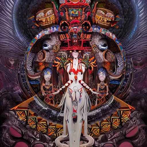 Prompt: breathtaking detailed concept art painting of the aztec goddness Mictlantecuhtli, god of Mictlan, underworld in the background, by Hsiao-Ron Cheng, James jean, Miho Hirano, Hayao Miyazaki, extremely moody lighting, 8K