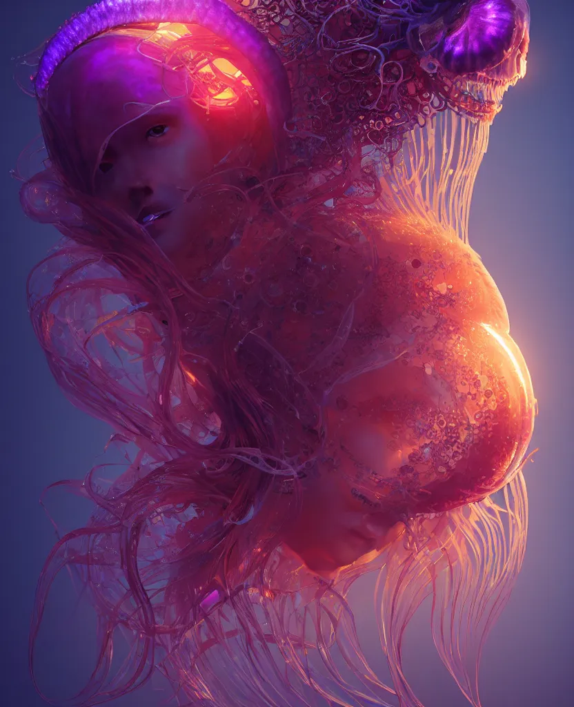 Image similar to goddess close-up portrait. orchid jellyfish phoenix head, nautilus, skull, betta fish, bioluminiscent creatures, intricate artwork by Tooth Wu and wlop and beeple. octane render, trending on artstation, greg rutkowski very coherent symmetrical artwork. cinematic, hyper realism, high detail, octane render, 8k