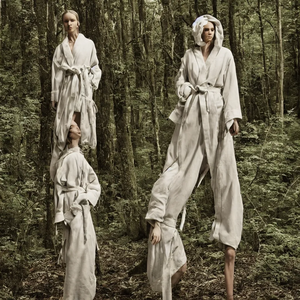 Image similar to a woman with a robe made of wire in a forest, vogue magazine