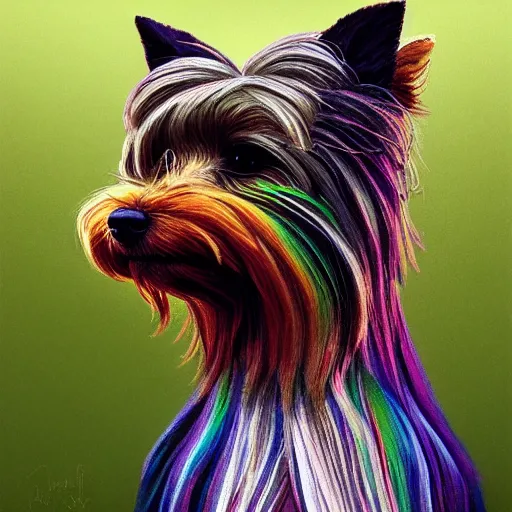 Image similar to head and shoulders portrait of modern darna, yorkshire terrier in a green field with a rainbow above, intricate, elegant, dark vibes, highly detailed, digital painting, artstation, glamor pose, concept art, smooth, sharp focus, illustration, art by wlop, mars ravelo and greg rutkowski