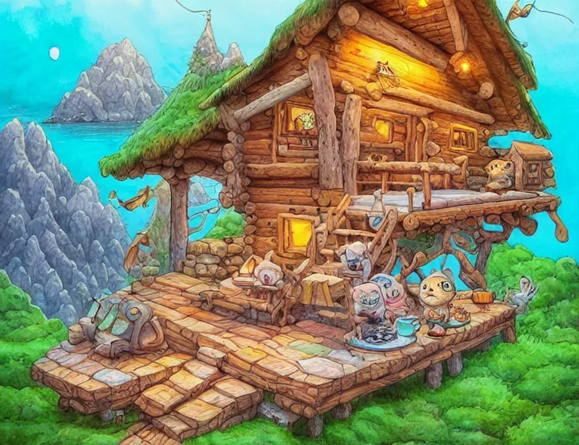 Prompt: cute and funny, a beautiful cozy cabin carved into a mountain, view of the ocean beneath, ratfink style by ed roth, centered award winning watercolor pen illustration, isometric illustration by chihiro iwasaki, edited by range murata, tiny details by artgerm and watercolor girl, sharply focused