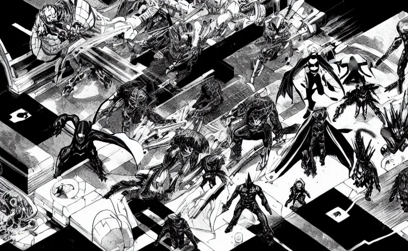 Prompt: black and white avengers fights with marvel monsters, isometric, by tsutomu nihei