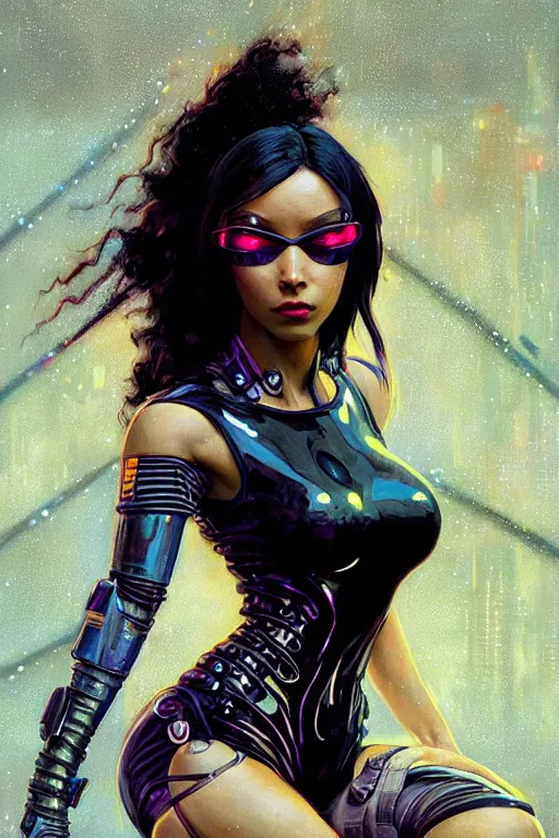 Prompt: cyberpunk Normani as aeon flux profile picture by Greg Rutkowski, dynamic pose, intricate, futuristic, fantasy, elegant, by Stanley Artgerm Lau, greg rutkowski, thomas kindkade, alphonse mucha, loish, norman Rockwell, metal chrome, shiny, rainy background, asymmetric,