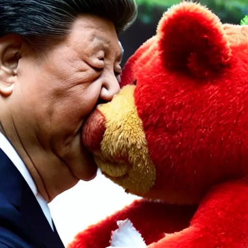 Image similar to a still of xi jinping kissing a teddy bear
