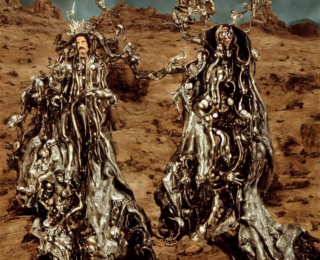 Prompt: portrait of salvador dali wearing a crown and costume with jewels in a dry rocky desert landscape, alien spaceship by giger, film still from the movie by alejandro jodorowsky with cinematogrophy of christopher doyle and art direction by hans giger, anamorphic lens, kodakchrome, very detailed photo, 8 k