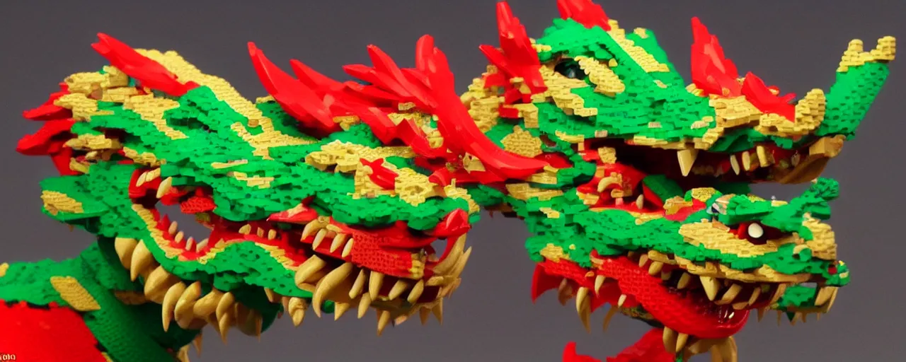 Image similar to Chinese beautiful dragon, with green and red scales, golden mask, sharp teeth, made of LEGO, in the style of LEGO